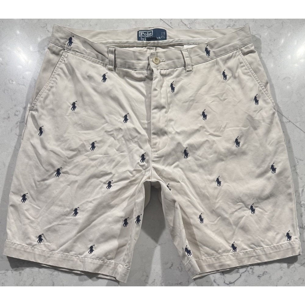 Polo Ralph Lauren Prospect Shorts Mens 35 Tan Khaki Chino All Over Pony Print